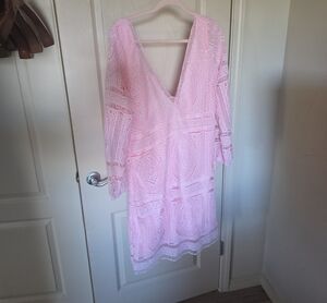 Light Pink Crochet V-Neck Midi Dress